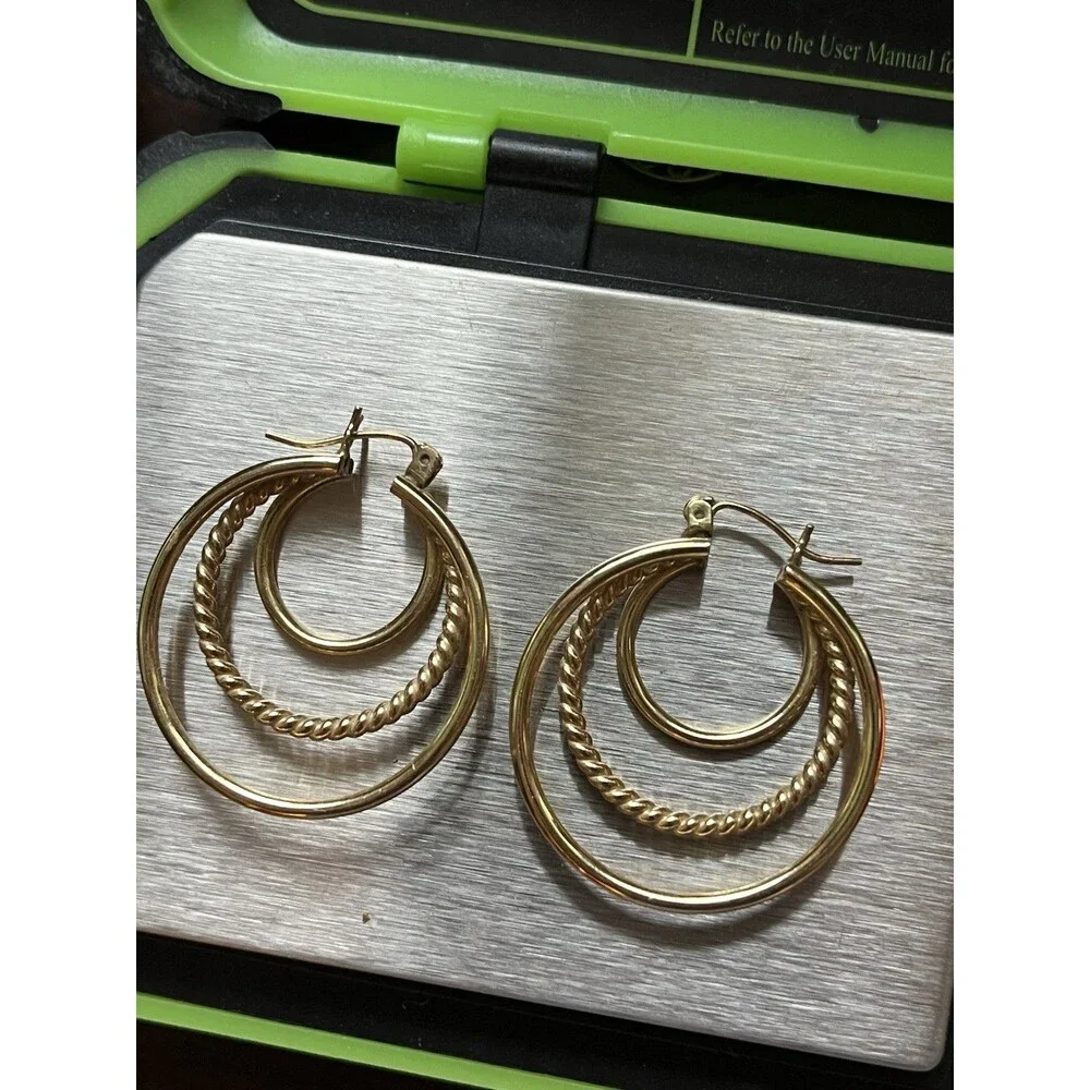 Vintage 14k Yellow Gold Triple Hoop Loop Earrings 3 Hoop Textured 4.3g Grams